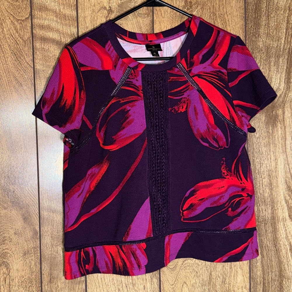Worthington Petite Floral Short Sleeve Blouse Top Purple Red Crochet Trim PL